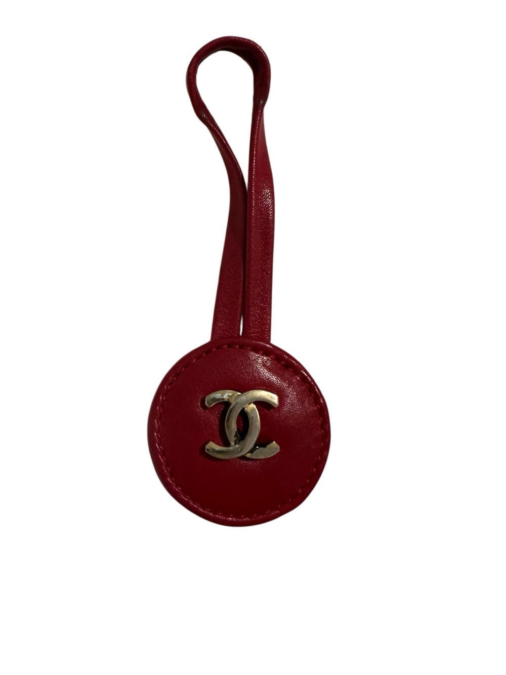 CHANEL Red Leather Round CC Bag Charm with Gold Tone Logo